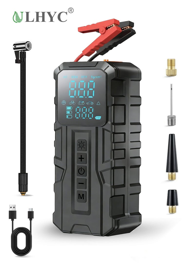 Vehicle Starter With Air Cmpressor, High-Capacity Battery (Suitable For Petrol/Diesel Vehicles), Portable Emergency Battery Charger, Tyre Inflator, Upgraded Smart Jumper Cables, Display Screen and Emergency Light Integrated Into One Intelligent Roadside Emergency Kit.